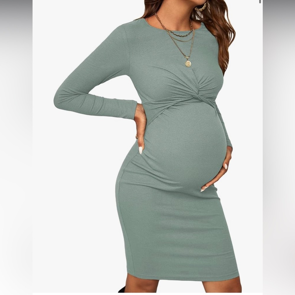 Verdusa Women's Maternity Twist Front Long Sleeve Round Neck Bodycon Dress